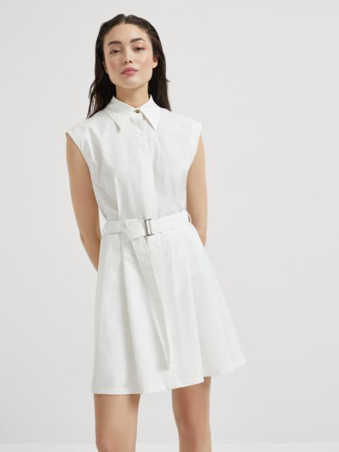 Techno cotton texture twill belted mini shirt dress with monili