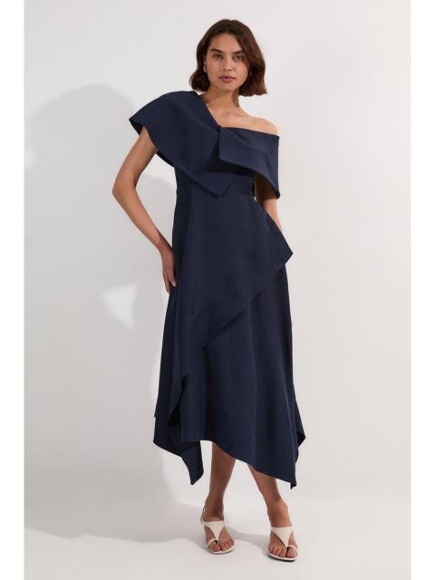 Premium Tailored Linen Asymmetric Shoulder Full Midi Dress