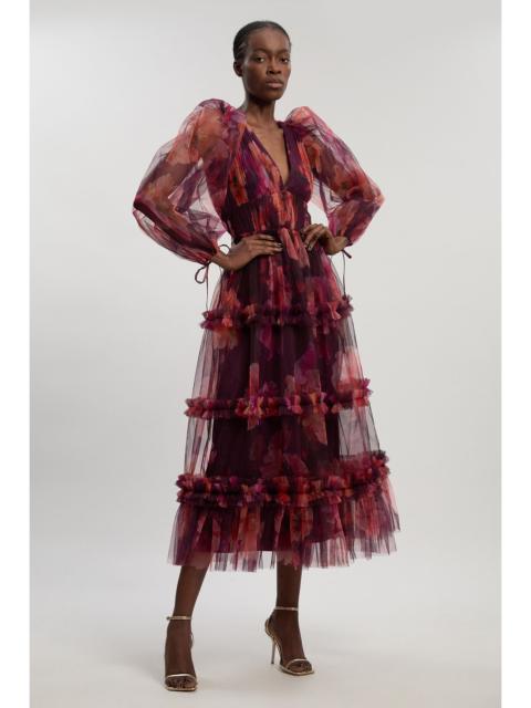 Floral Tulle Balloon Sleeve Plunge Woven Maxi Dress