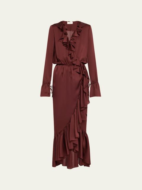 Long Ruffle Trim Wrap Silk Dress