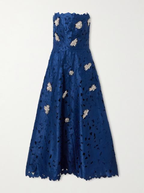 Strapless Crystal-embellished Corded Lace Midi Dress