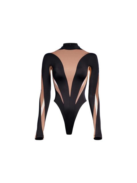 Mugler H&M Mesh-Paneled Bodysuit Beige/Black