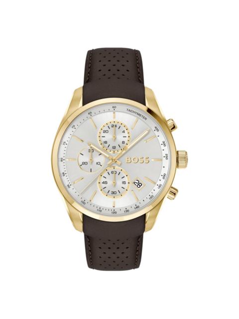 GOLD-TONE CHRONOGRAPH WATCH WITH PERFORATED LEATHER STRAP