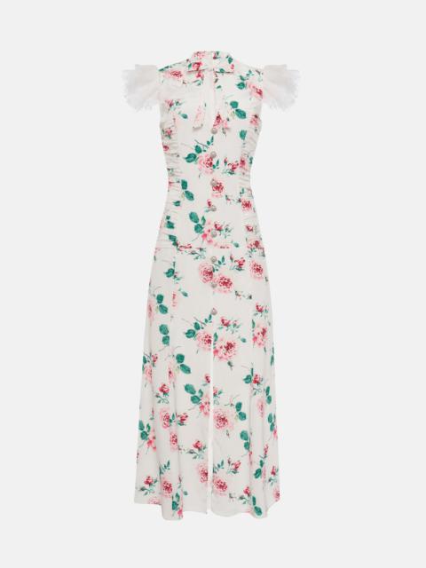 ROSE PRINT SILK DRAPED DRESS W/ ORGANZA SLEEVES