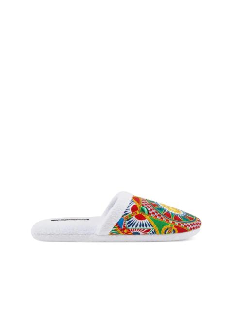 Carretto Siciliano-print terry slippers