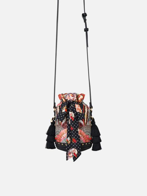 TIE TOP BUCKET BAG WITH TASSELS