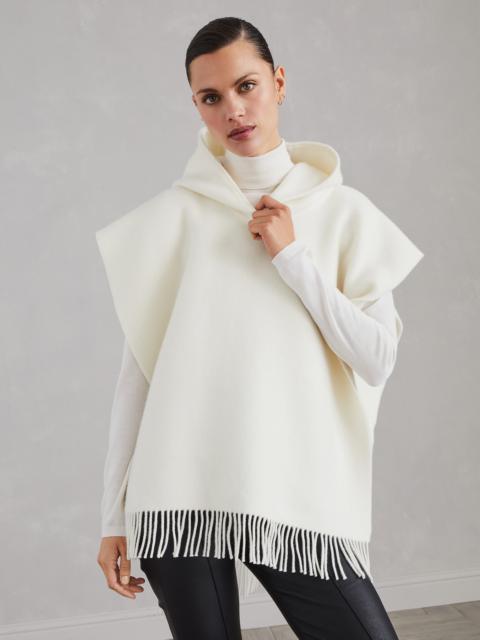 Wool and cashmere double knit poncho with hood and fringe