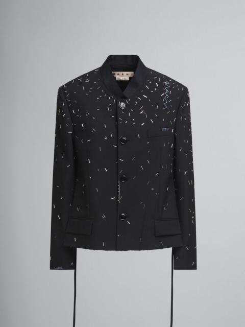 BLACK WOOL JACKET WITH TINTED PEARL EMBELLISHMENT