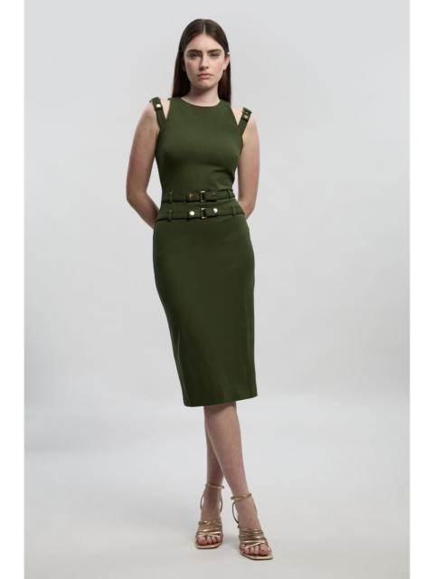 Ponte Trim Belt Detail Midi Pencil Dress