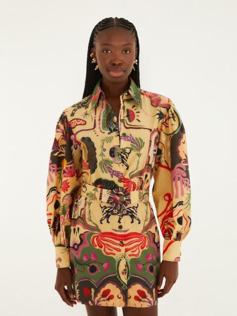 Beige Artsy Surreal Land Beaded Belt Organic Cotton Mini Dress