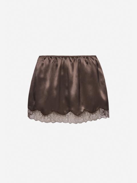 Mini slip skirt with lace-trimmed hem in brown