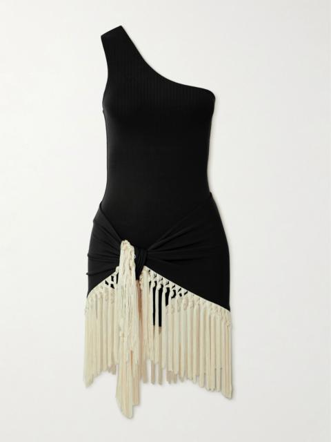 Yacare one-shoulder swimsuit and fringed pareo set Black