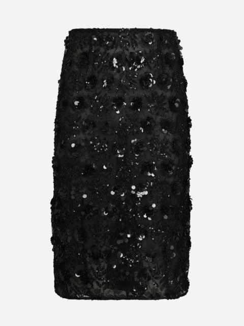 Lace calf-length skirt with all-over sequins