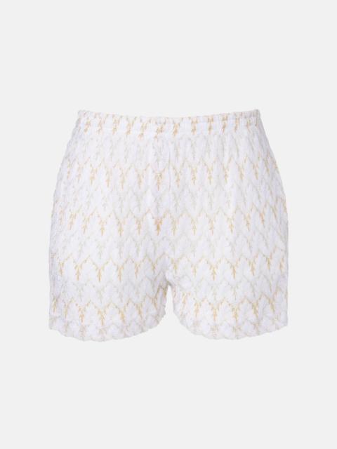 Open-knit lamé shorts