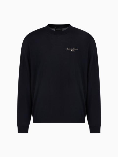 VIRGIN-WOOL PLAIN-KNIT JUMPER WITH ITALIC LOGO EMBROIDERY