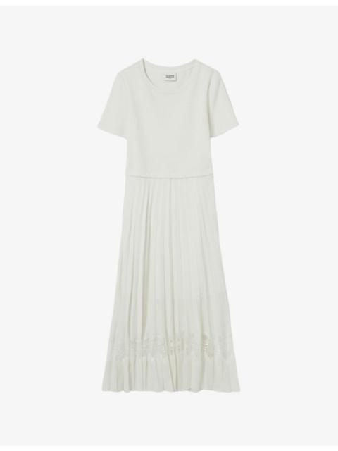 Lace-insert pleated cotton midi dress
