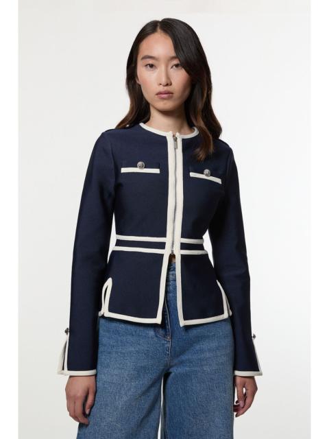Figure Form Bandage Military Contrast Piping Knit Split Hem Jacket