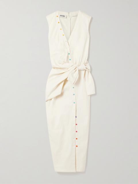 Tie-front Button-embellished Washed Cotton-twill Midi Shirt Dress