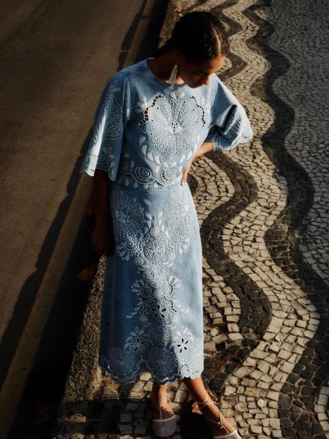 Denim Richelieu Wavy Hem Midi Skirt