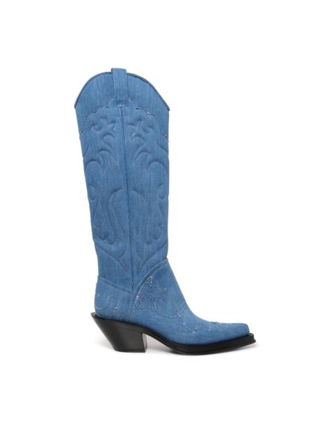 Capitana Cowboy Boot in Light Blue Recycled Cotton Linen
