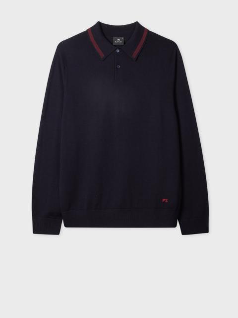 Navy Merino Wool Knitted Polo Shirt