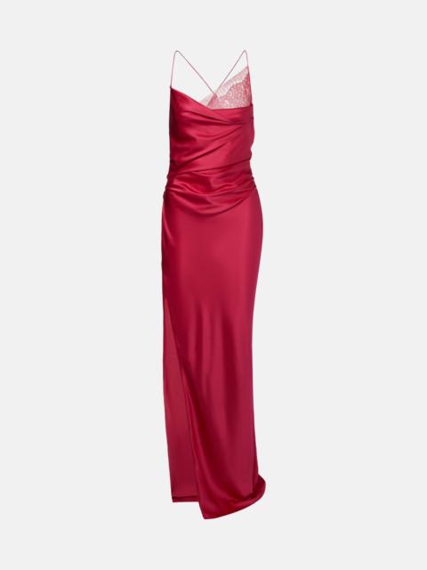 Draped lace-trimmed silk satin gown