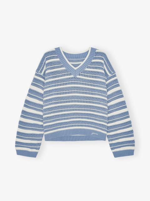 BLUE STRIPED COTTON V-NECK SWEATER