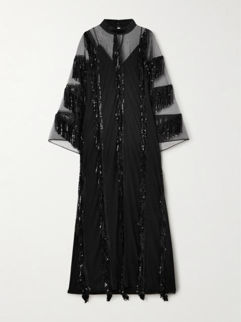 Showgirl Fringed Sequined Tulle And Cady Gown