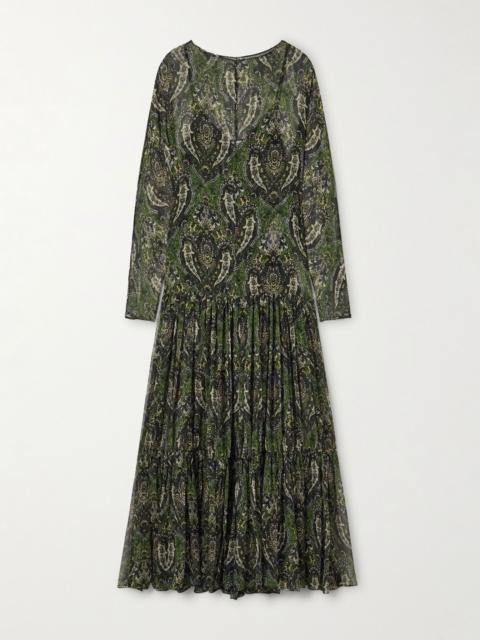 Pussy-bow shirred printed metallic silk-crepon maxi dress Brown