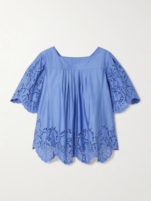 Scarletta pleated broderie anglaise cotton-poplin blouse Blue