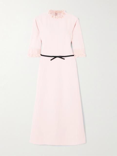 Belted Plissé Chiffon-trimmed Crepe Midi Dress