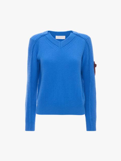 V Neck Knitted Jumper In Regatta Blue