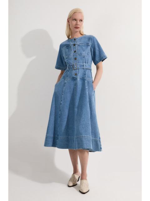 Denim Soft Wash Short Sleeve Belted Midi Dress