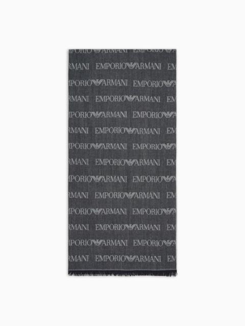 VIRGIN-WOOL BLEND SCARF WITH JACQUARD LOGO LETTERING AND FRINGES