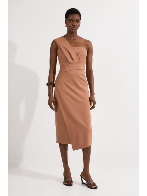 Petite Tailored One Shoulder Tuck Detail Pencil Midi Dress