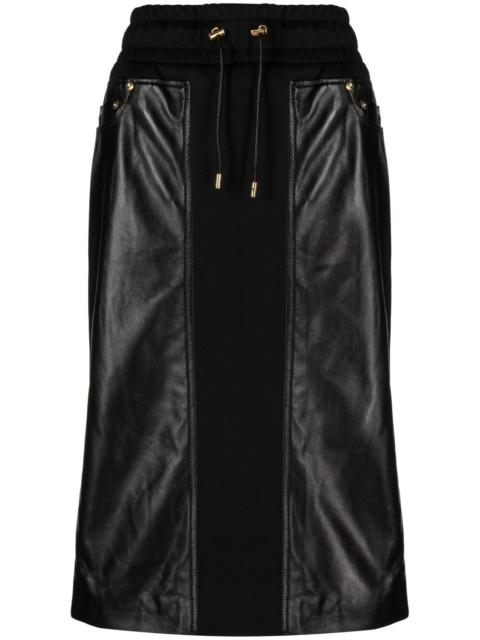 panelled leather and cotton-blend jersey midi skirt