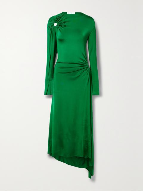Asymmetric Cutout Gathered Glossed-jersey Dress