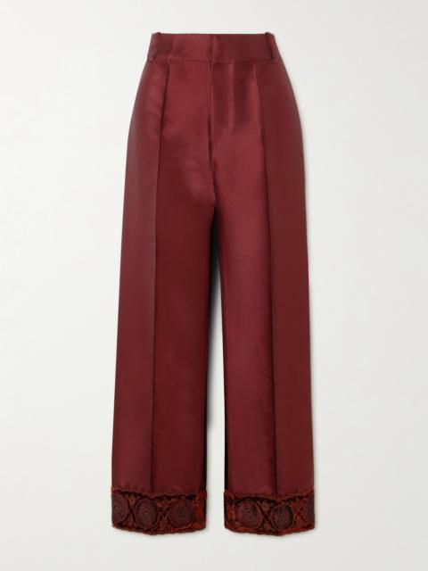 Yoshitomo Embellished Velvet-trimmed Faille Streight-leg Pants
