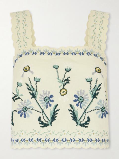 Audra Scalloped Embroidered Cotton And Linen-blend Top