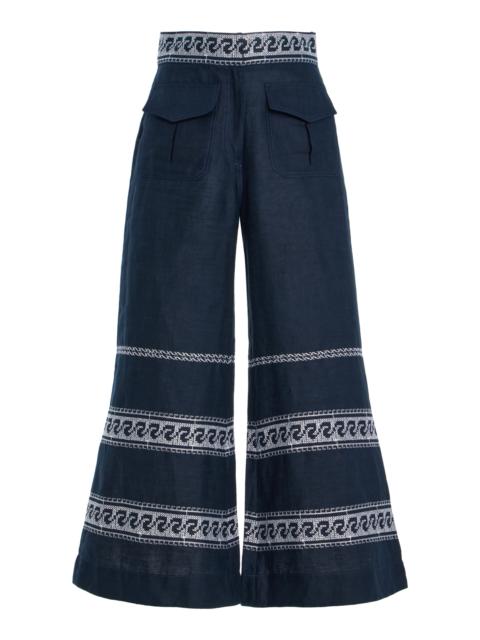 Zina Embroidered Linen-Blend Pants navy