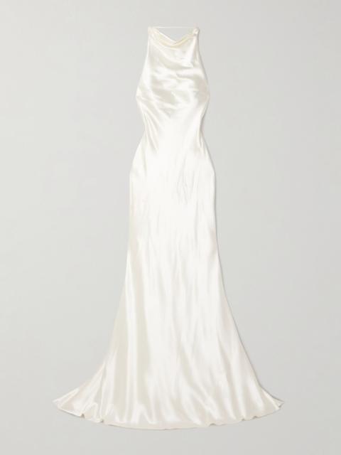 Stella open-back silk and wool-blend satin halterneck gown Ivory