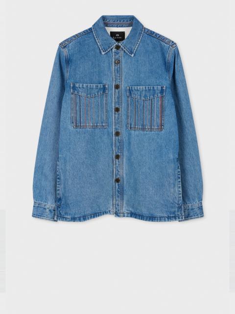 Light-Wash Denim Embroidered-Stripe Shirt Jacket