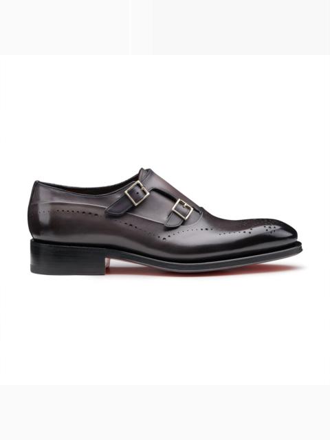 Men's grey leather double-buckle brogue shoe
