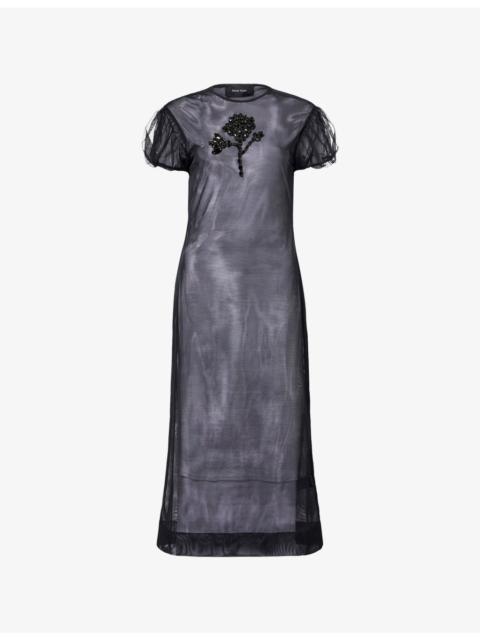 Puff-Sleeve Jewel-Embellished Sheer Midi Dress