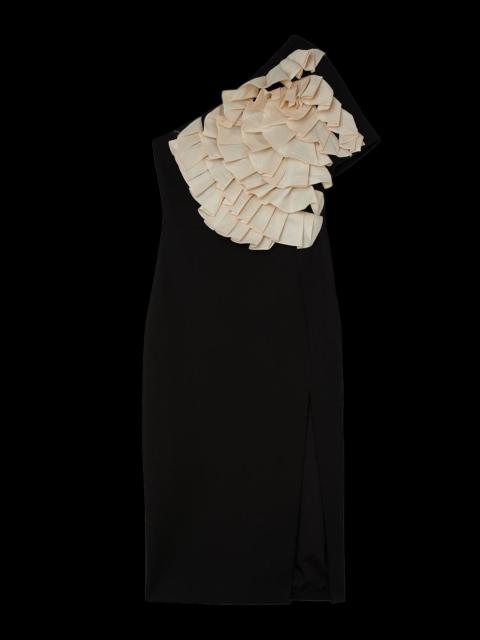 Compact Stretch Taffeta Ruffle One Shoulder Midi Dress