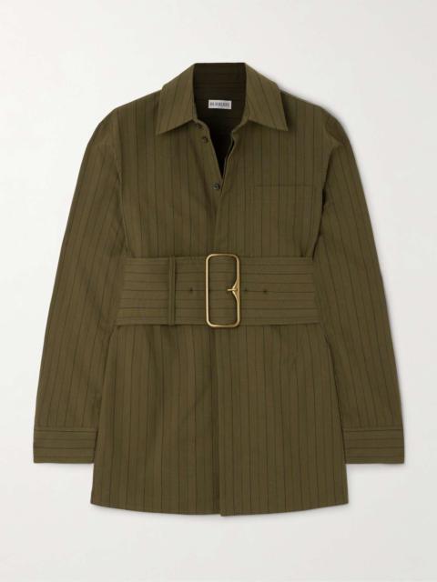 Belted pinstriped cotton-poplin shirt