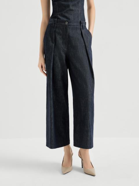 Denim-effect twill pleated A-line trousers with shiny loop