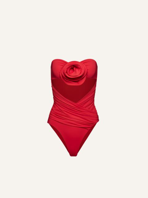 Flower appliqué strapless cutout swimsuit in red