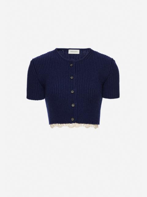 Short-sleeve crochet-trim cropped cardigan in navy