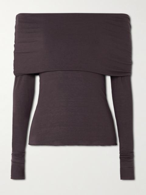 Sheer Modal-blend Off-shoulder Long-sleeve Top
